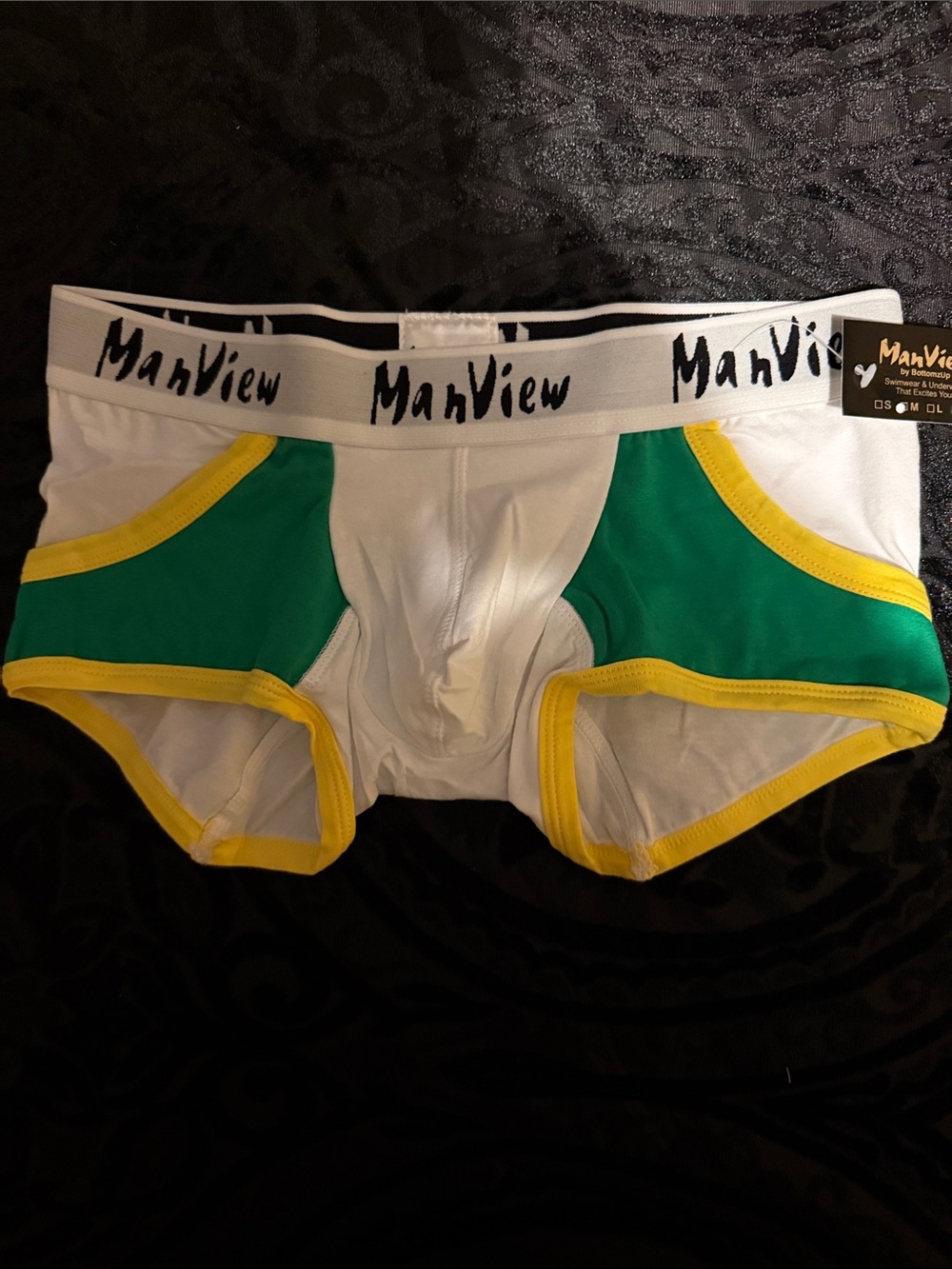 Men’s White Boxer Briefs with Green Panels and Yellow Trim